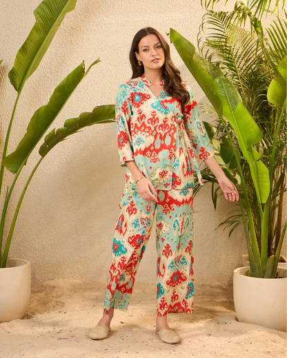 Turquoise Printed Pure Cotton V-Neck Co-Ord Set