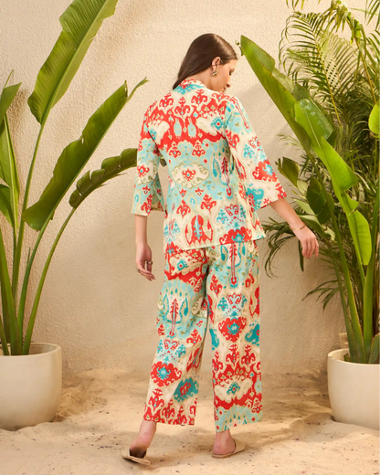 Turquoise Printed Pure Cotton V-Neck Co-Ord Set