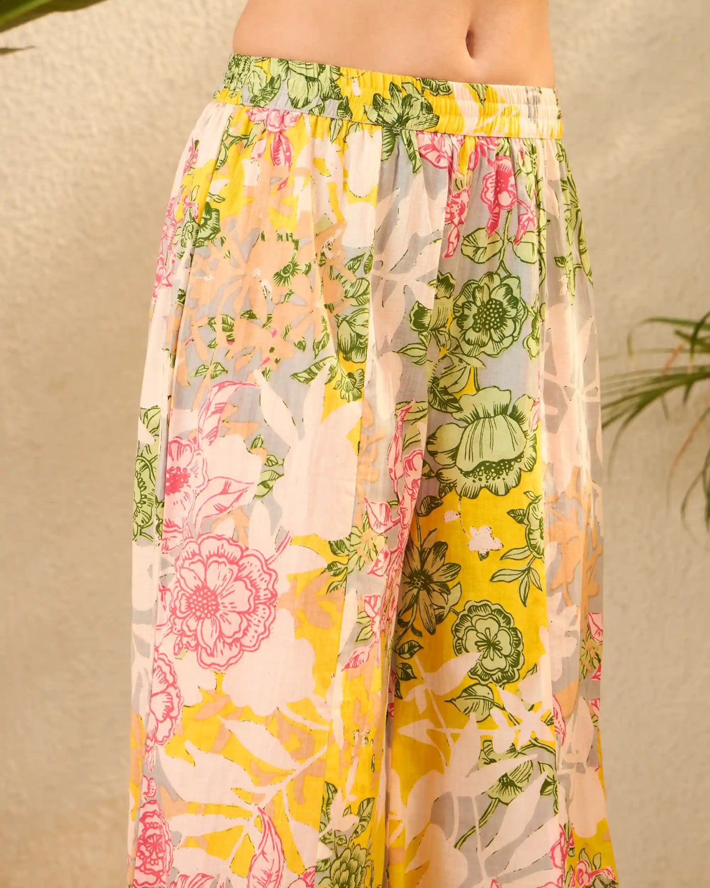 Yellow Floral Pure Cotton Tunic & Palazzo Co-Ord Set