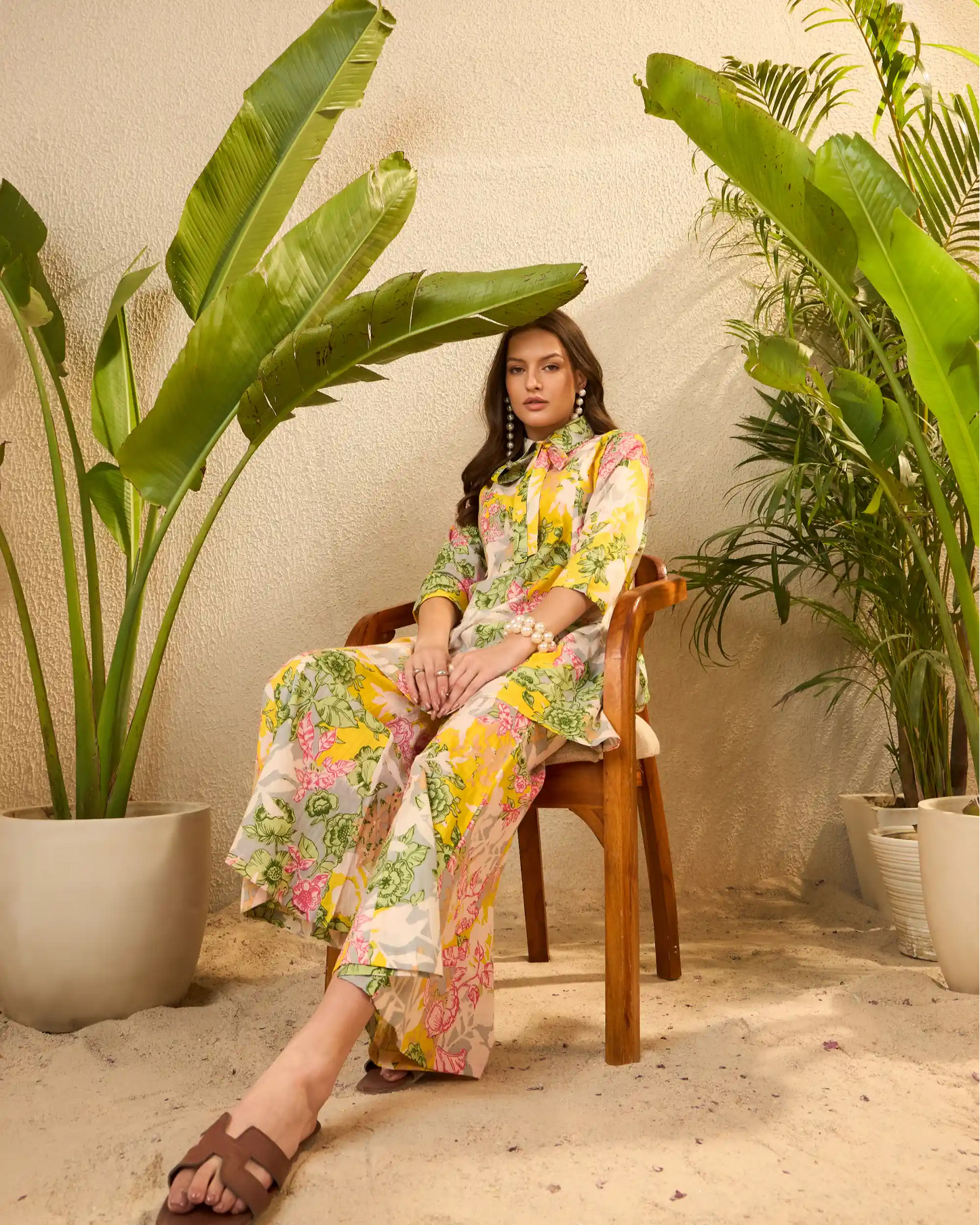 Yellow Floral Pure Cotton Tunic & Palazzo Co-Ord Set