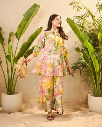 Yellow Floral Pure Cotton Tunic & Palazzo Co-Ord Set