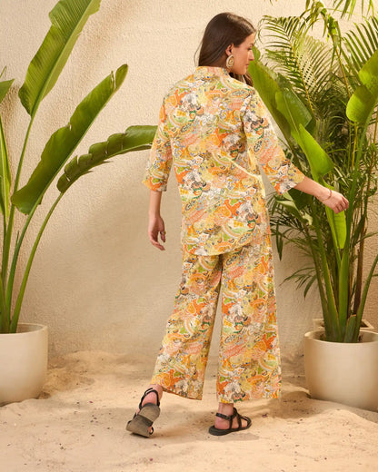 Yellow Floral Pure Cotton Mandarin Neck Top & Trouser Set