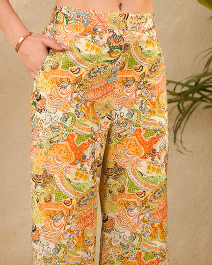 Yellow Floral Pure Cotton Mandarin Neck Top & Trouser Set
