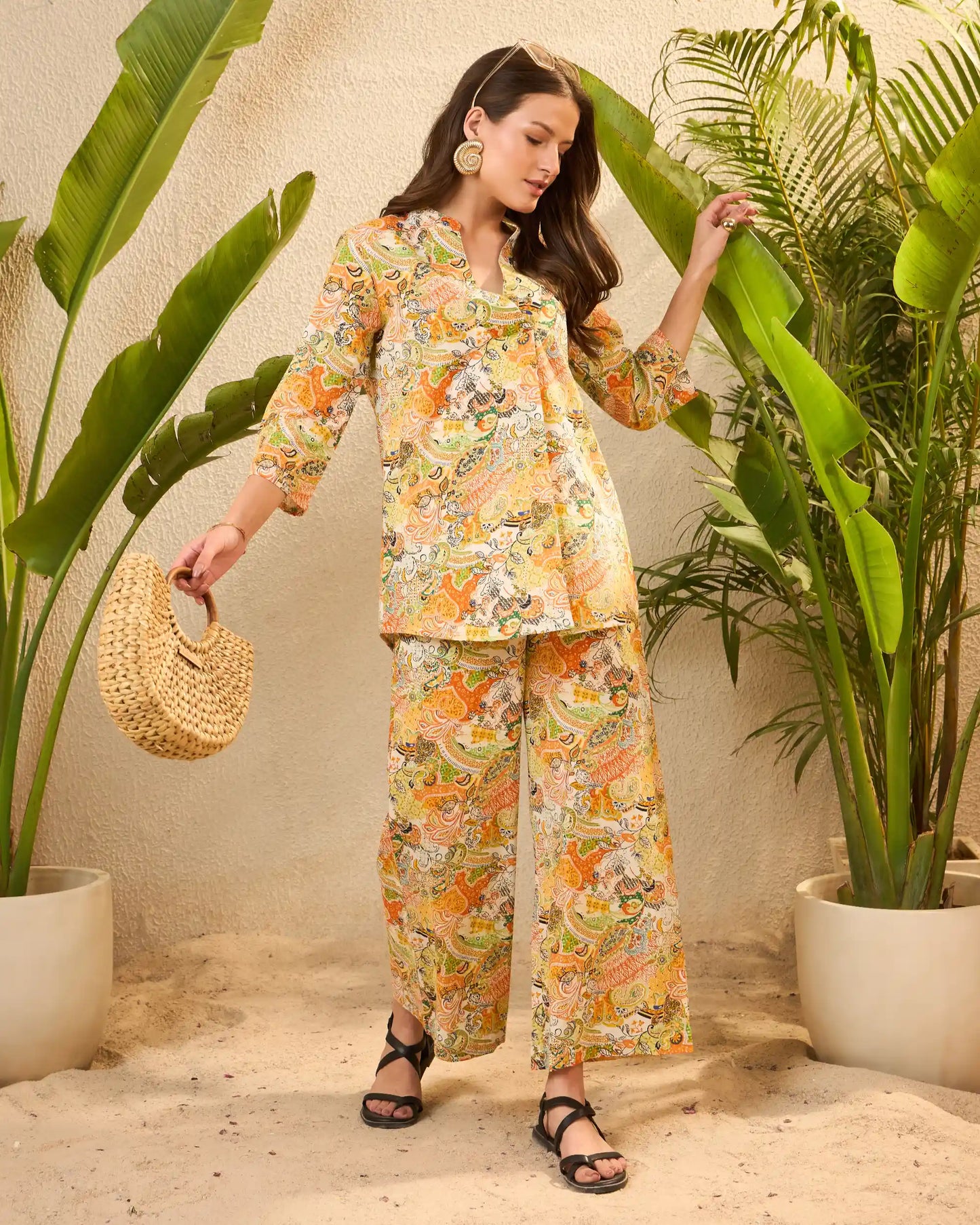 Yellow Floral Pure Cotton Mandarin Neck Top & Trouser Set
