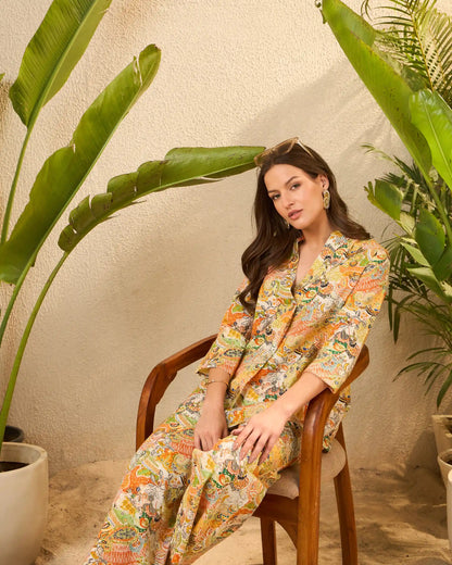 Yellow Floral Pure Cotton Mandarin Neck Top & Trouser Set