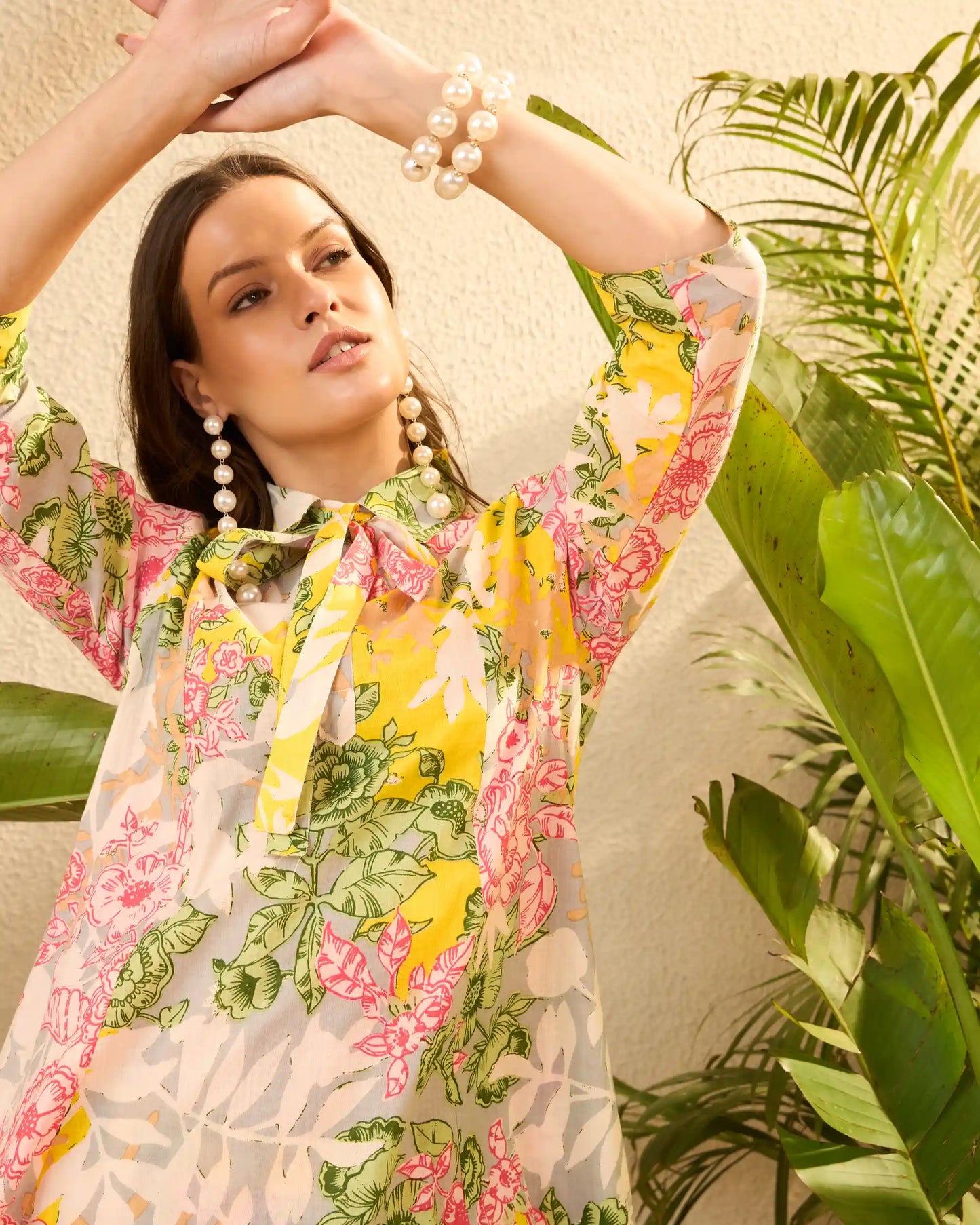 Yellow Floral Pure Cotton Tunic & Palazzo Co-Ord Set