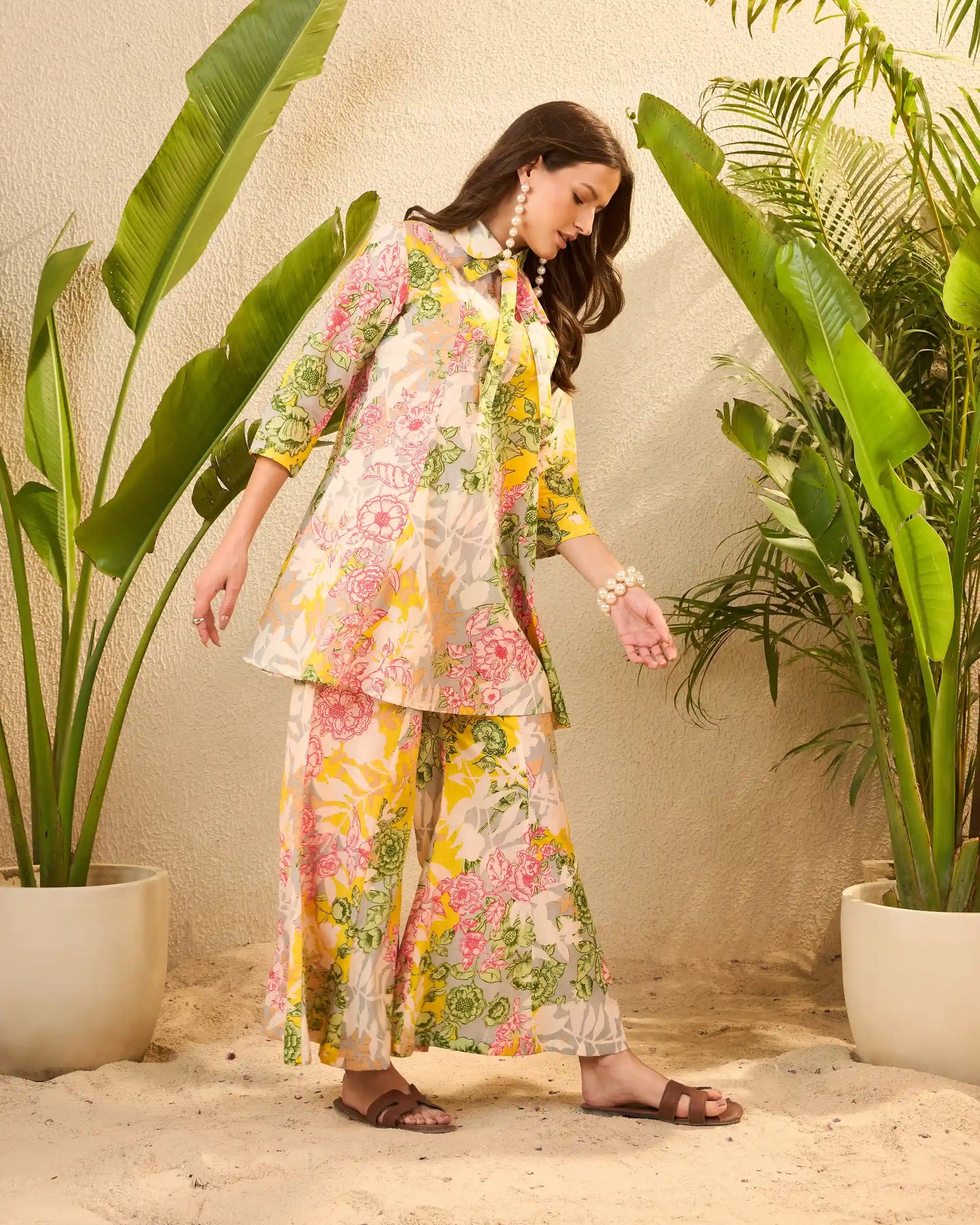 Yellow Floral Pure Cotton Tunic & Palazzo Co-Ord Set
