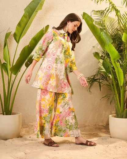 Yellow Floral Pure Cotton Tunic & Palazzo Co-Ord Set