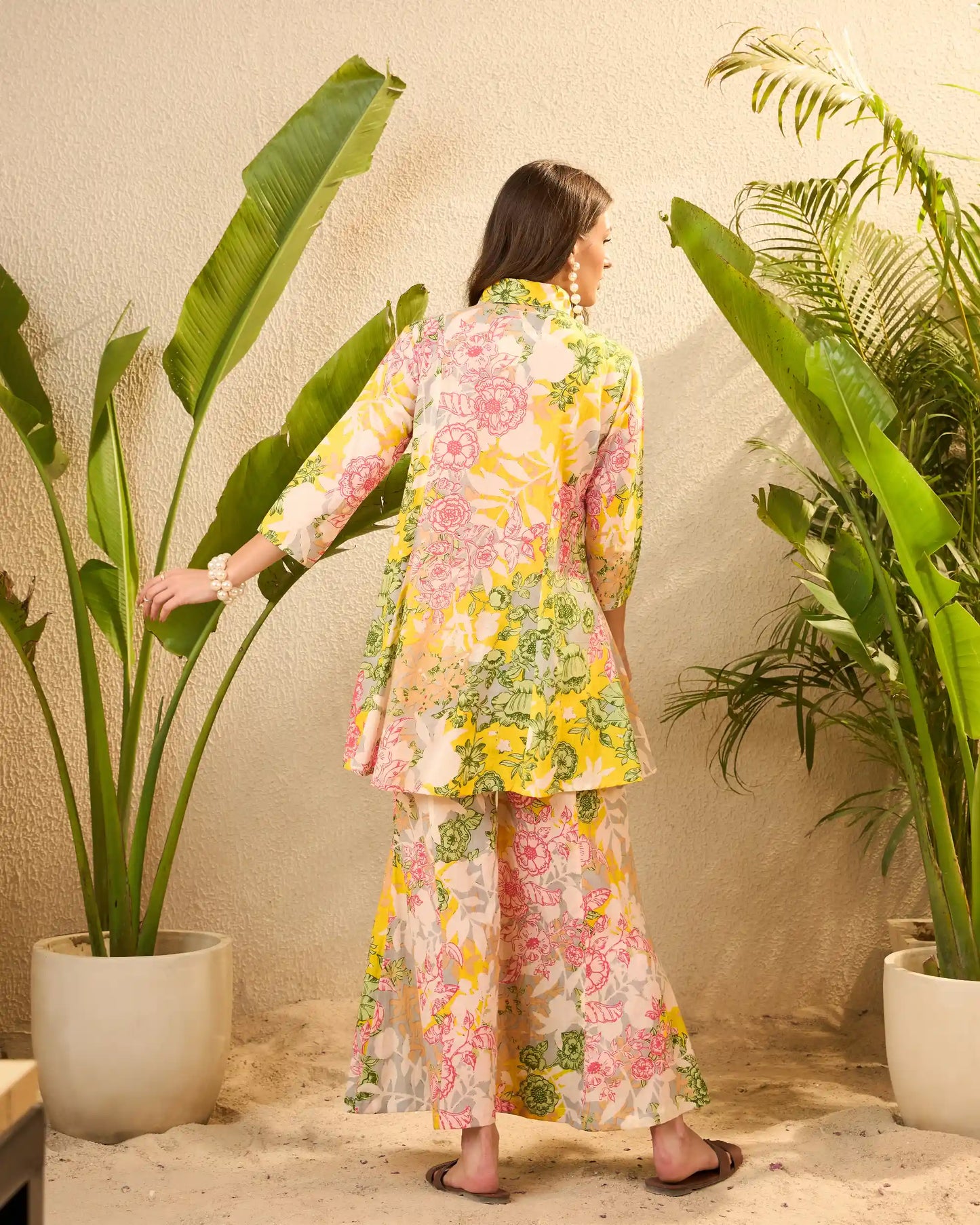 Yellow Floral Pure Cotton Tunic & Palazzo Co-Ord Set