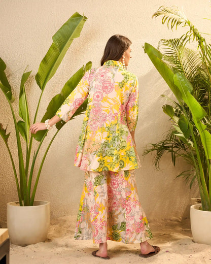 Yellow Floral Pure Cotton Tunic & Palazzo Co-Ord Set