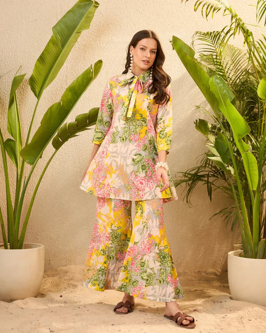 Yellow Floral Pure Cotton Tunic & Palazzo Co-Ord Set