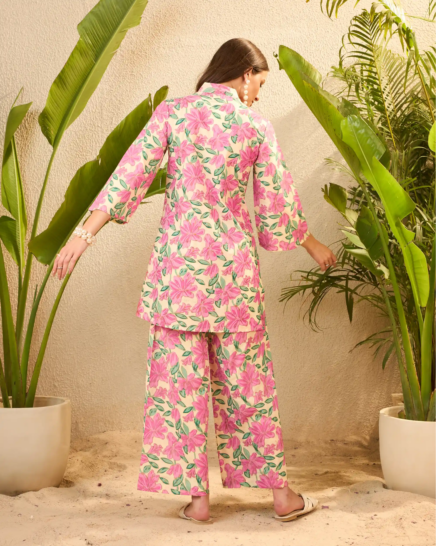 IMANA Yellow & Pink Tropical Floral Pure Cotton Tunic & Palazzo Co-Ord Set