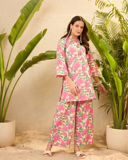 IMANA Yellow & Pink Tropical Floral Pure Cotton Tunic & Palazzo Co-Ord Set