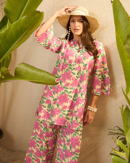 IMANA Yellow & Pink Tropical Floral Pure Cotton Tunic & Palazzo Co-Ord Set